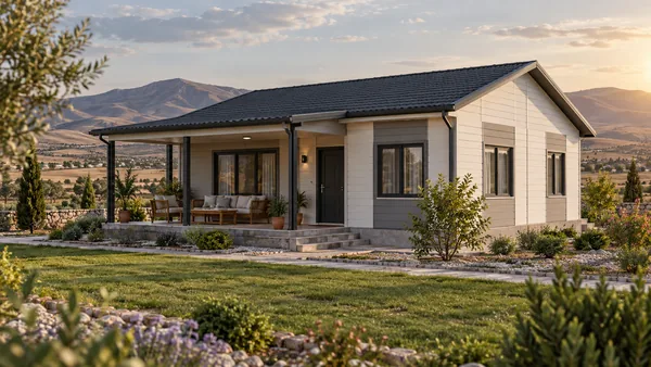 Kırsal bir çevrede açık gri cepheli, verandası bulunan tek katlı prefabrik ev