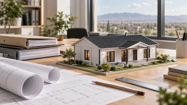 Prefabrik ev modeli yanında proje dosyaları ve ruhsat süreci için hazırlanmış çalışma masası