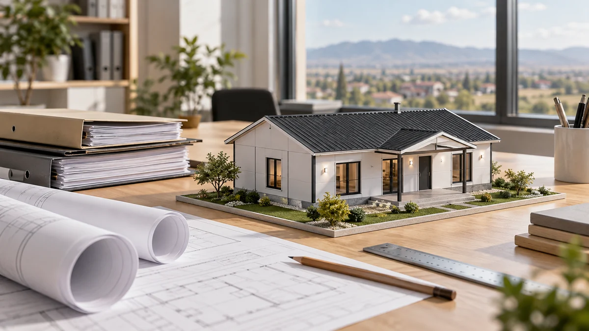 Prefabrik ev modeli yanında proje dosyaları ve ruhsat süreci için hazırlanmış çalışma masası