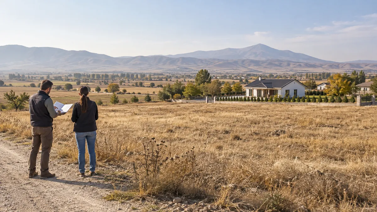 Konya kırsalında boş bir parseli inceleyen kişiler ve uzakta küçük prefabrik yapı