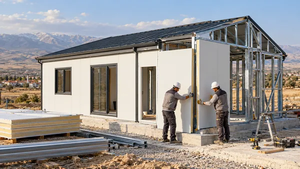 Sahada duvar panelleri monte edilen tek katlı prefabrik ev