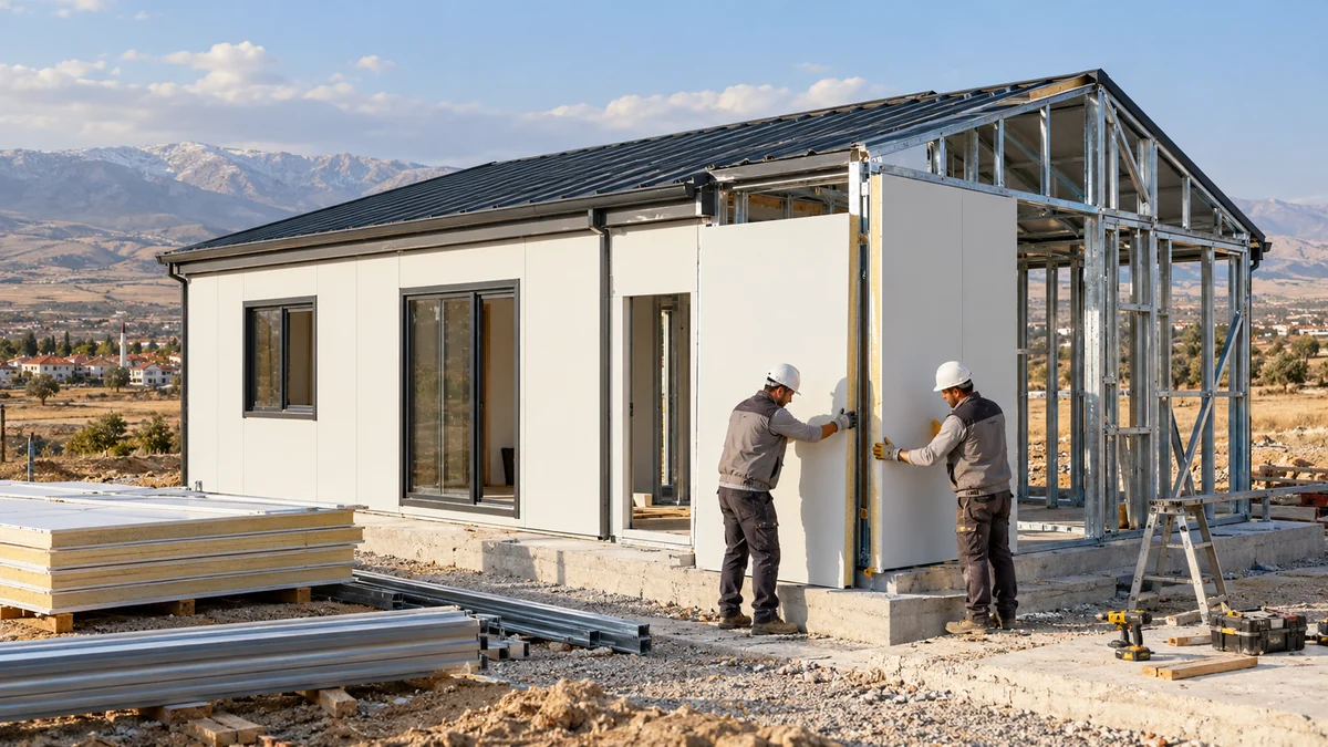 Sahada duvar panelleri monte edilen tek katlı prefabrik ev