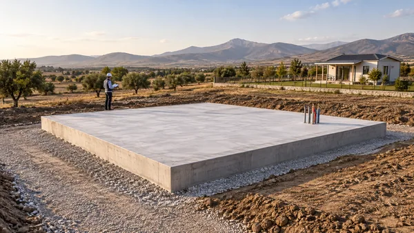 Prefabrik ev kurulumu için hazırlanmış beton taban ve altyapı geçişleri