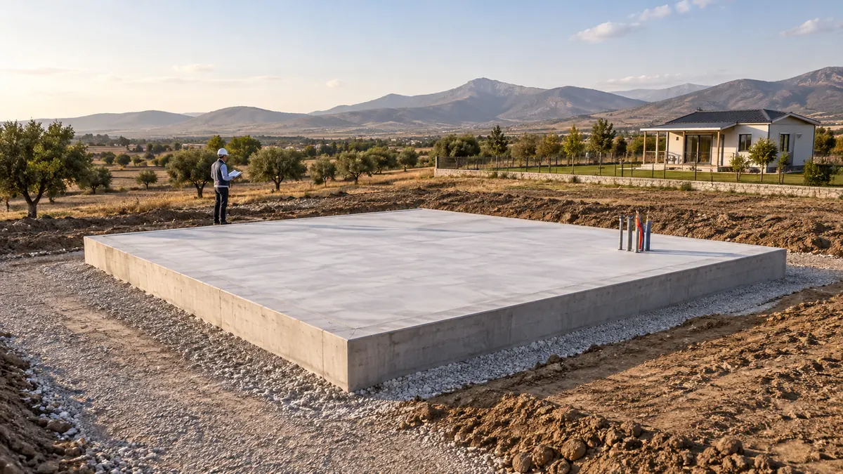 Prefabrik ev kurulumu için hazırlanmış beton taban ve altyapı geçişleri